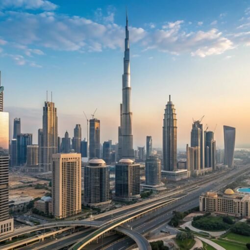 An aerial view of the Dubai skyline during a golden sunset, with the Burj Khalifa towering in the center amidst numerous other modern skyscrapers and a multi-lane highway in the foreground.