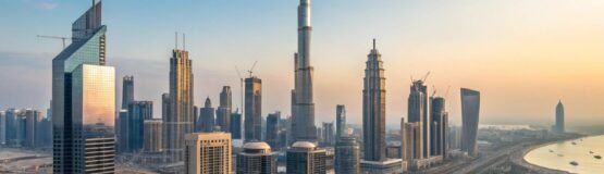 An aerial view of the Dubai skyline during a golden sunset, with the Burj Khalifa towering in the center amidst numerous other modern skyscrapers and a multi-lane highway in the foreground.
