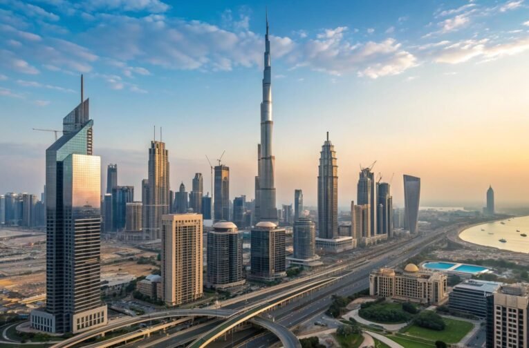 An aerial view of the Dubai skyline during a golden sunset, with the Burj Khalifa towering in the center amidst numerous other modern skyscrapers and a multi-lane highway in the foreground.