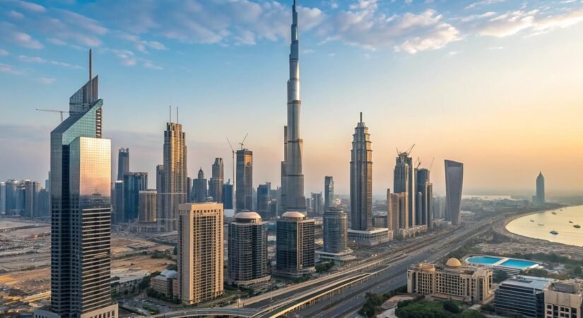 An aerial view of the Dubai skyline during a golden sunset, with the Burj Khalifa towering in the center amidst numerous other modern skyscrapers and a multi-lane highway in the foreground.